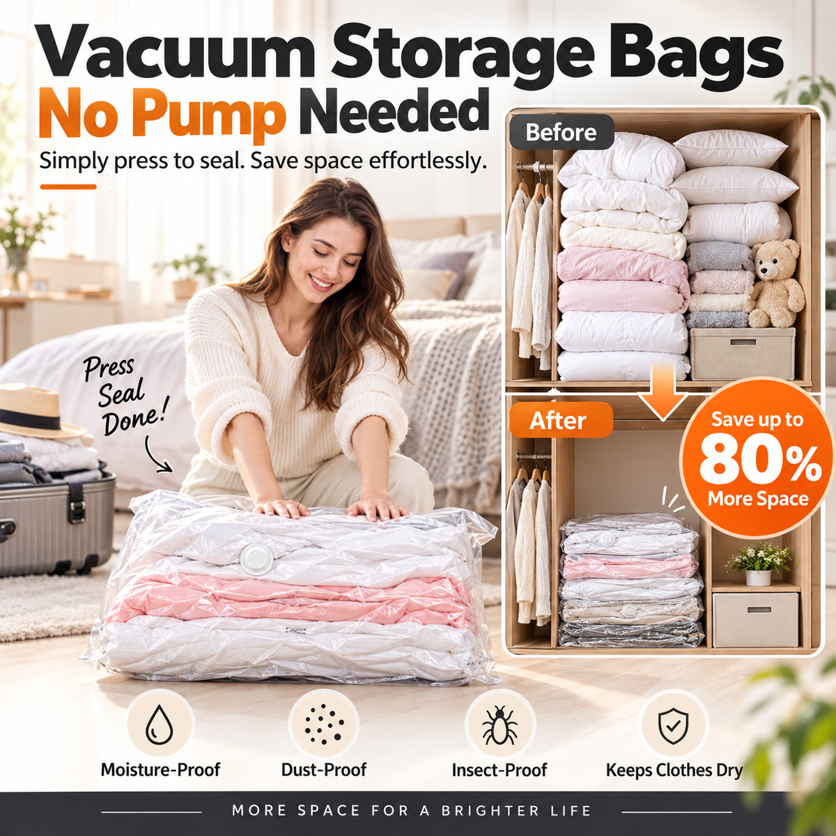 ⏳LAST DAY SALE ONLY !🏆🧳No‑Pump Vacuum Storage Bags – Press & seal, no pump needed. Saves 80% space, keeps clothes dry & dust‑free. Perfect for bulky bedding & off‑season gear. 🛏️🗄️
