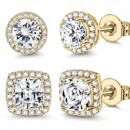 Halo Stud Earrings 2-Pack - Gold & Silver Round/Square Styles