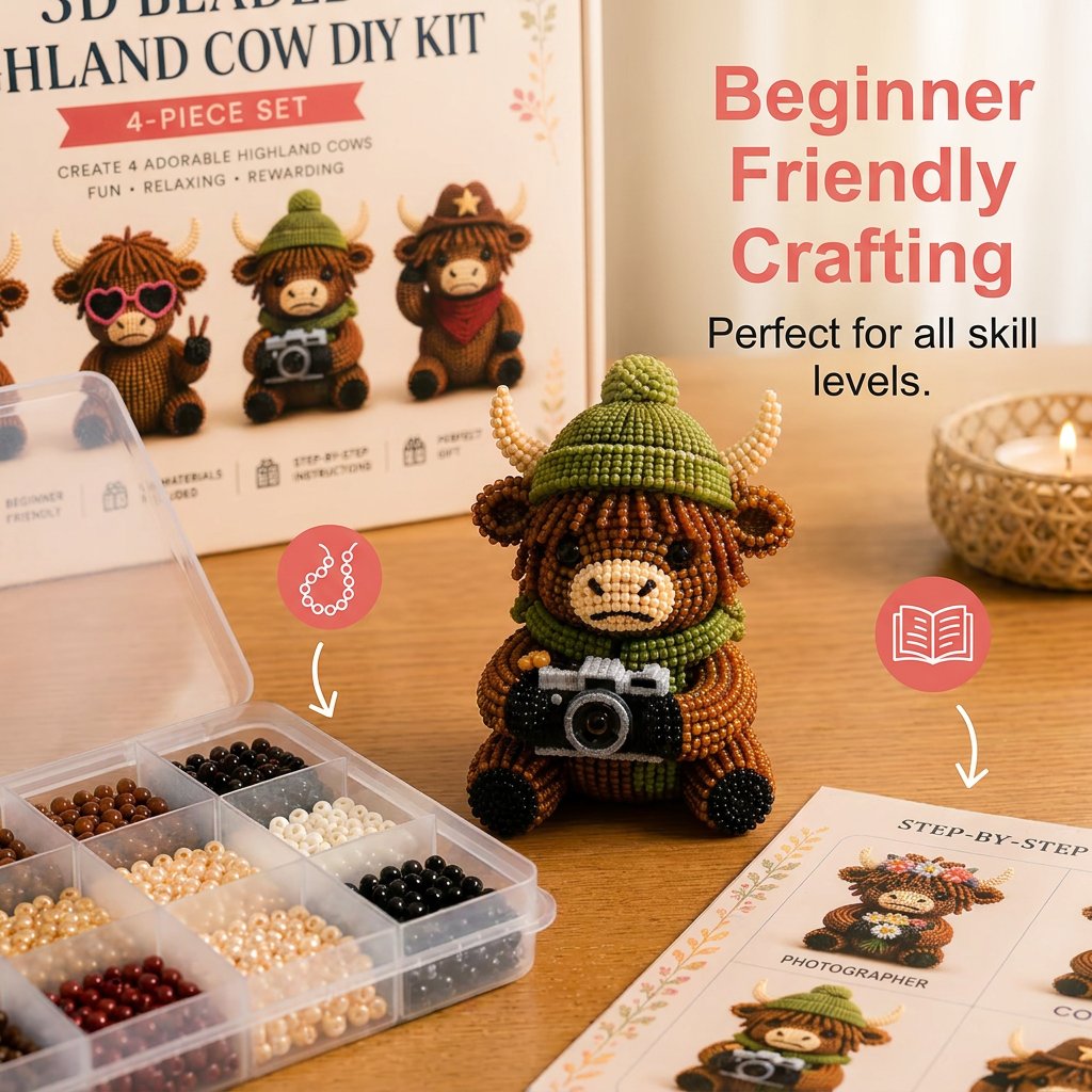 3D Highland Cow DIY Bead Kit – 4 Adorable Handmade Cow Designs Craft Set