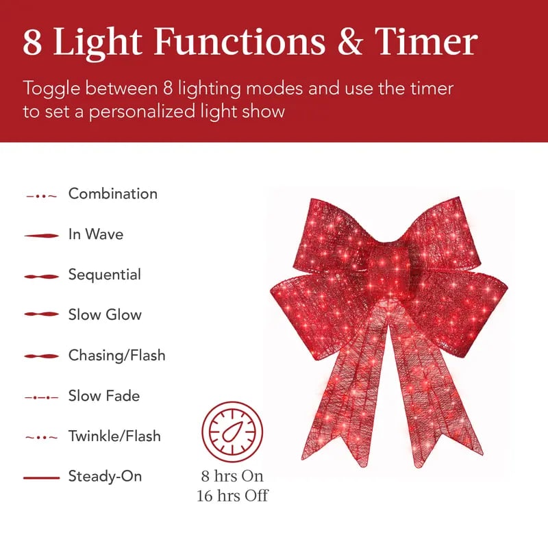 Pre-Lit Christmas Bow, Large Outdoor LED Lighted Holiday Décor w/ 8 Light Functions, Hook