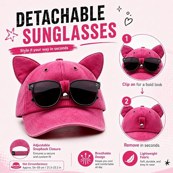🧢Y2K Cat Ear Trucker Hat with Detachable Sunglasses Vintage