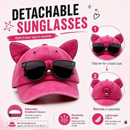 🧢Y2K Cat Ear Trucker Hat with Detachable Sunglasses Vintage