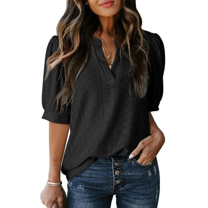 🏆🔥Women's Summer Casual Blouses V Neck Short Sleeve Shirts Hollow Out Cute Tops Loose Fit Breathable Fabric