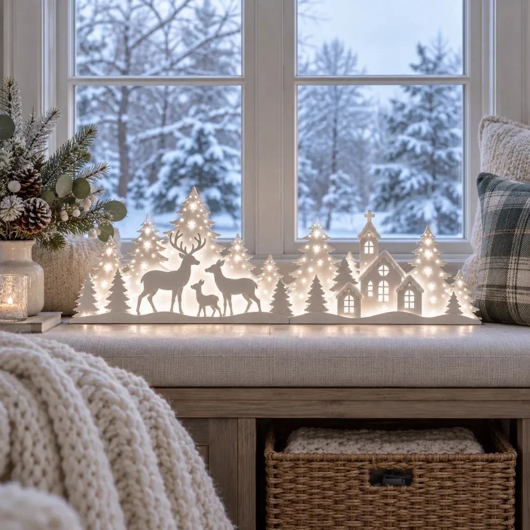 🦌 LED Christmas Deer & Village Window Decor | 2-Piece Lighted Scene
