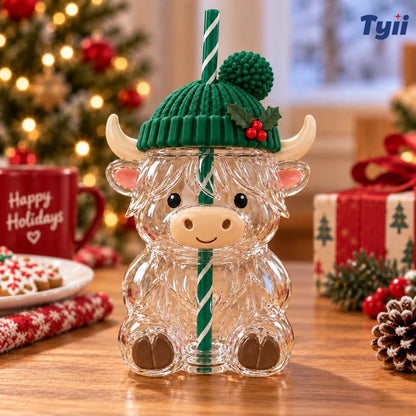 ❤️Highland Cow Christmas Glass Cup with Straw – Cute Holiday Tumbler Gift