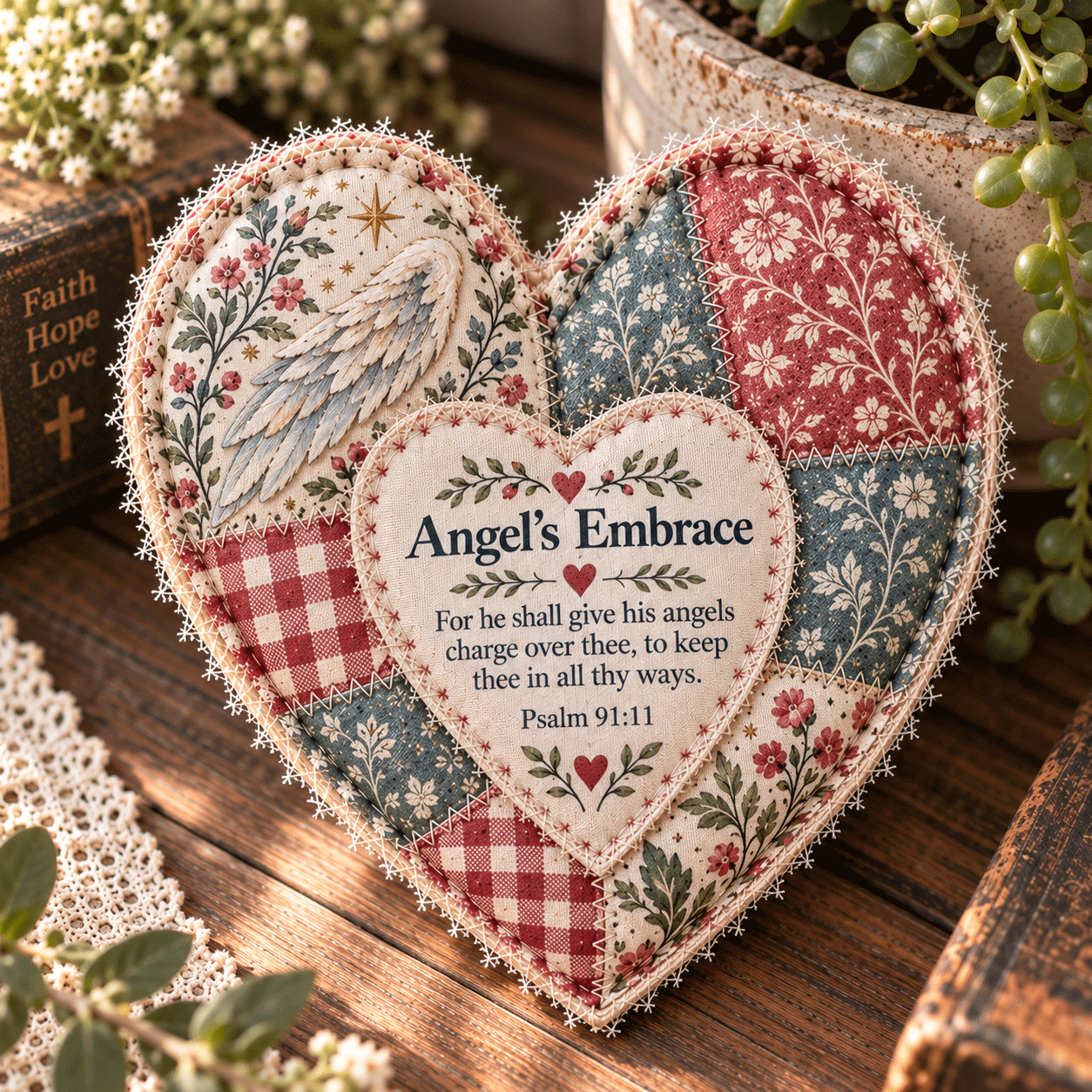 ❤️ Faith & Comfort Patchwork Heart Decor – Scripture-Inspired Keepsake