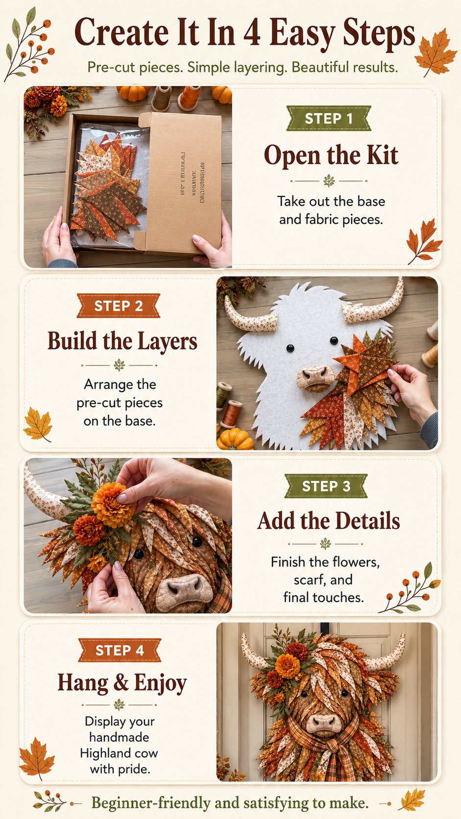 ⏰LAST DAY 49% OFF - 🐮💐🌸 Birth Flower Highland Cow 3D Layered Fabric Art DIY Kit | Complete Kit Included ✂️ Pre-Cut Pieces • Glue or Stitch Your Way • Create a Cozy 3D Highland Cow Decor 💕