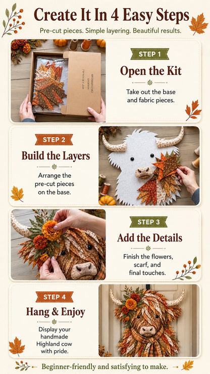 ⏰LAST DAY 49% OFF - 🐮💐🌸 Birth Flower Highland Cow 3D Layered Fabric Art DIY Kit | Complete Kit Included ✂️ Pre-Cut Pieces • Glue or Stitch Your Way • Create a Cozy 3D Highland Cow Decor 💕