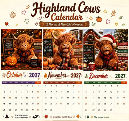 2027 Funny Highland Cows Wall Calendar A4 Hanging Calendar
