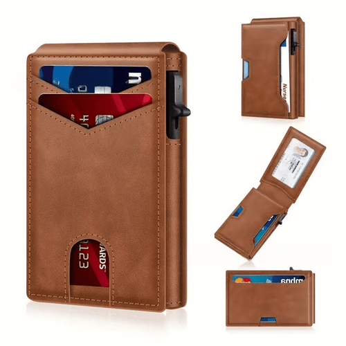 ✨Last Day 49% OFF - Slim Wallet for Men with Pop-Up Aluminum Case, RFID Blocking & Money Clip | Minimalist Leather Bifold Card Holder