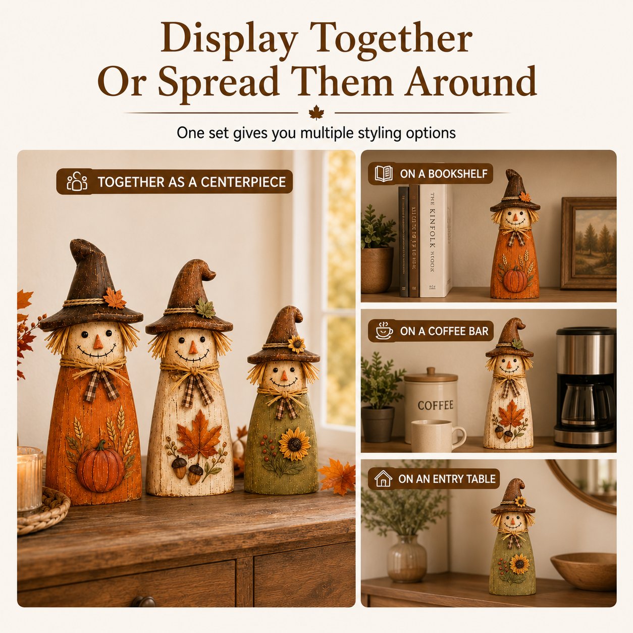Hand-Carved Vintage Scarecrow Fall Decor Set