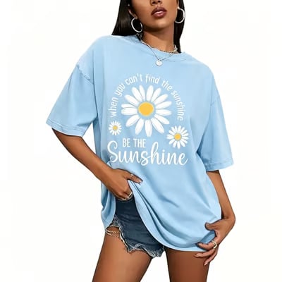 Women's Summer T-Shirt: Sunshine Graphic,solid colors, Double Stitching, Breathable, Loose Fit, Casual Basic Tee for Daily Wear💗