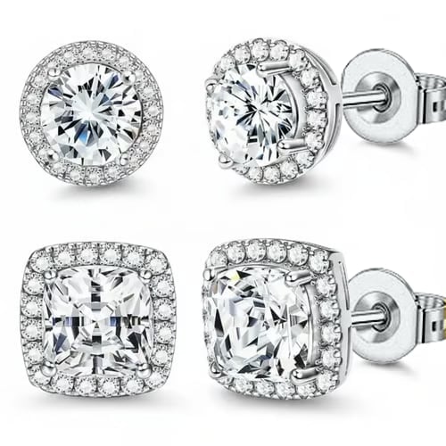 Halo Stud Earrings 2-Pack - Gold & Silver Round/Square Styles