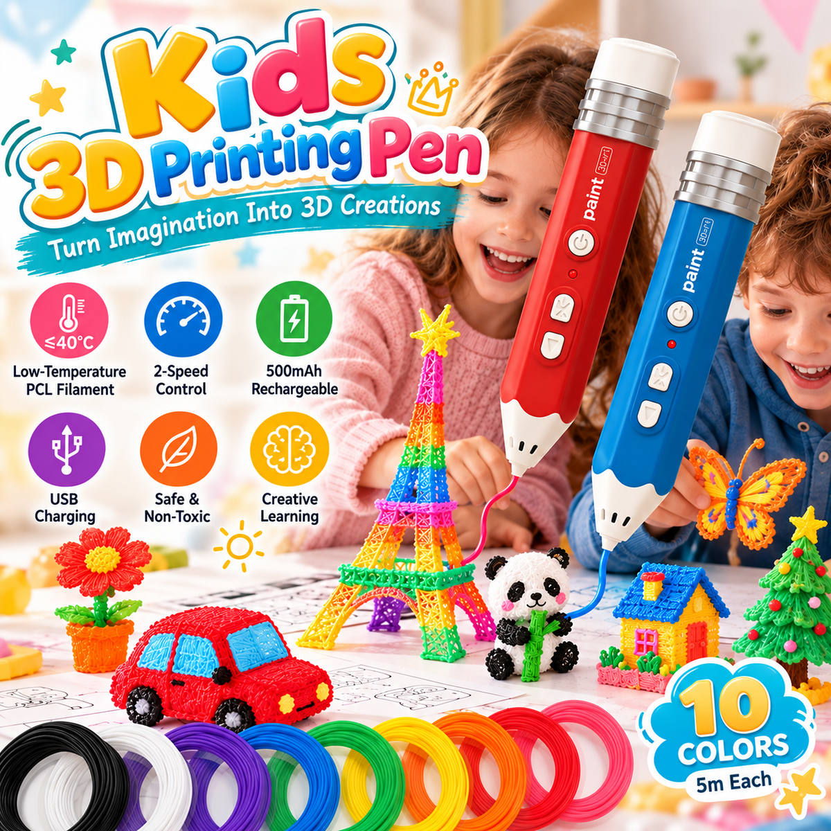 🎨 Kids Low-Temperature 3D Printing Pen Kit – Draw, Build & Create in 3D