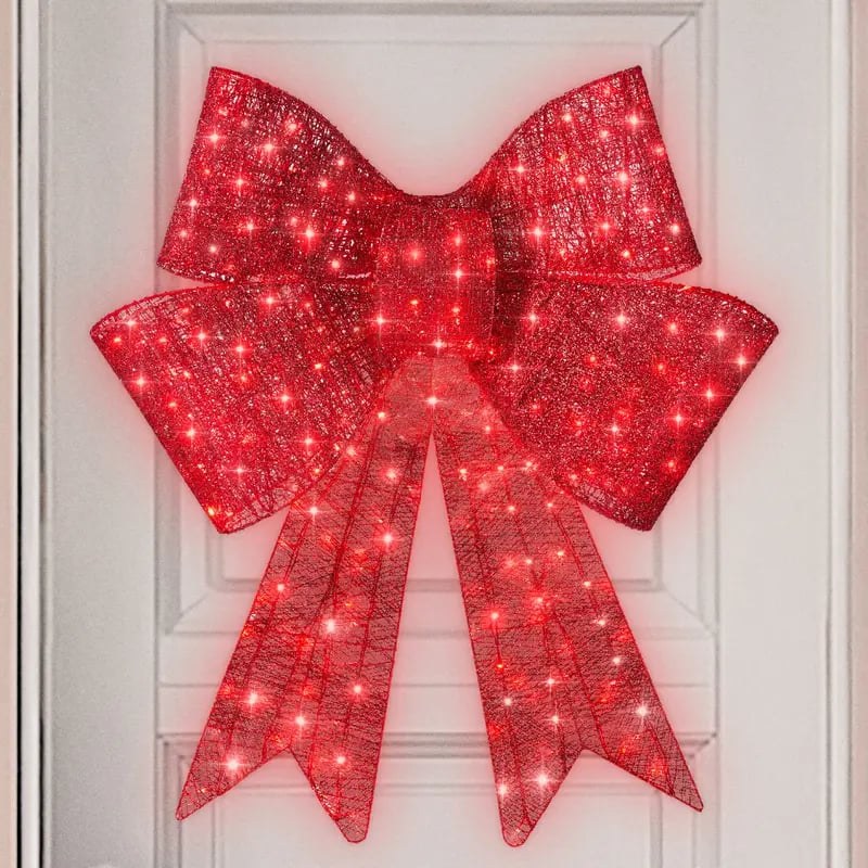 Pre-Lit Christmas Bow, Large Outdoor LED Lighted Holiday Décor w/ 8 Light Functions, Hook