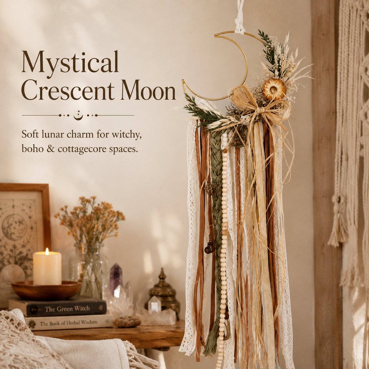 Celtic Moon Witch Bells Wall Hanging | Dried Flower Crescent Moon Door Hanger 🌙 (📦Buy 2 Free Shipping)