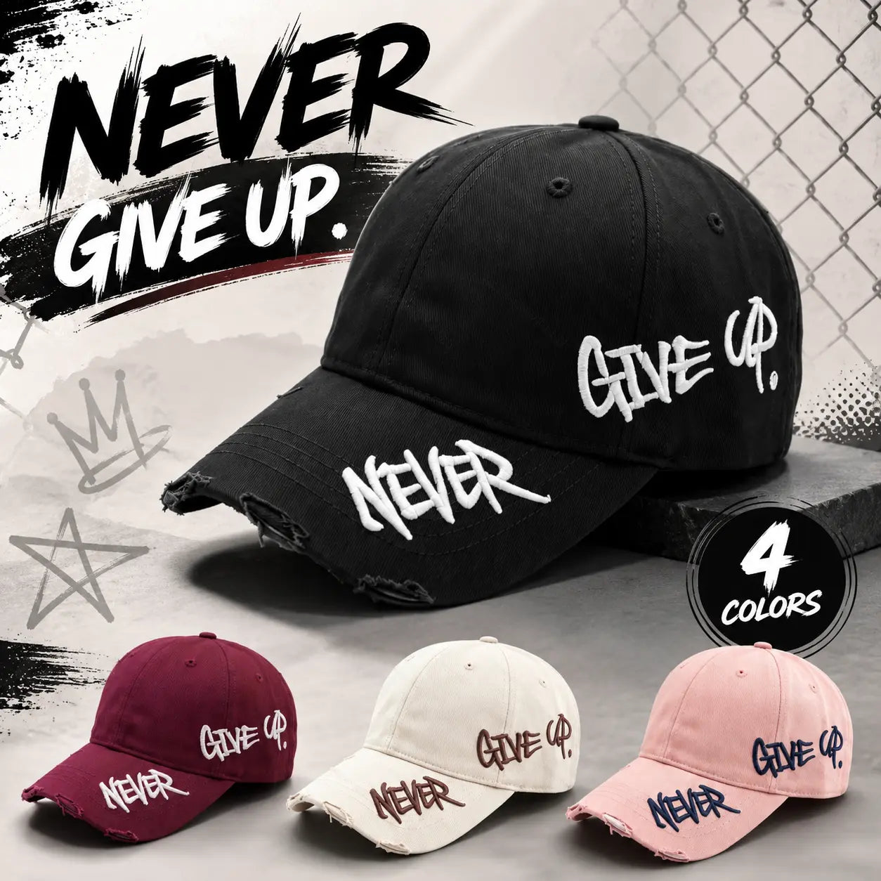 Unisex "Never Give Up" Embroidered Baseball Cap – Adjustable Curved Brim Sun Hat