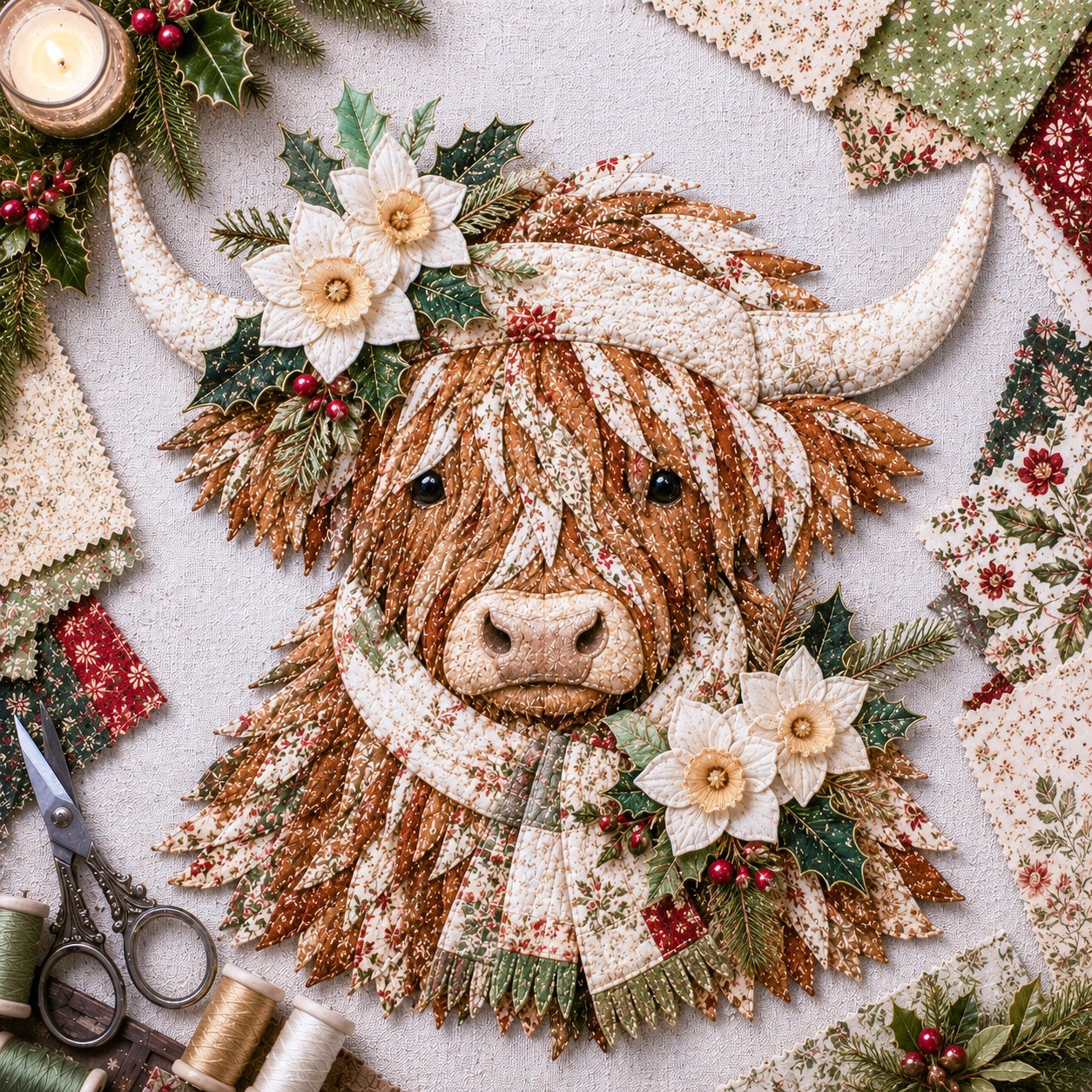 ⏰LAST DAY 49% OFF - 🐮💐🌸 Birth Flower Highland Cow 3D Layered Fabric Art DIY Kit | Complete Kit Included ✂️ Pre-Cut Pieces • Glue or Stitch Your Way • Create a Cozy 3D Highland Cow Decor 💕