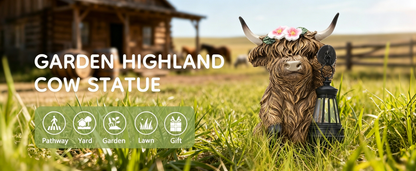 Scottish Fluffy Cow Solar Garden Lantern, Farmhouse Resin Sculpture with Amber LED, Weatherproof, Rustic Farm Decor Gift