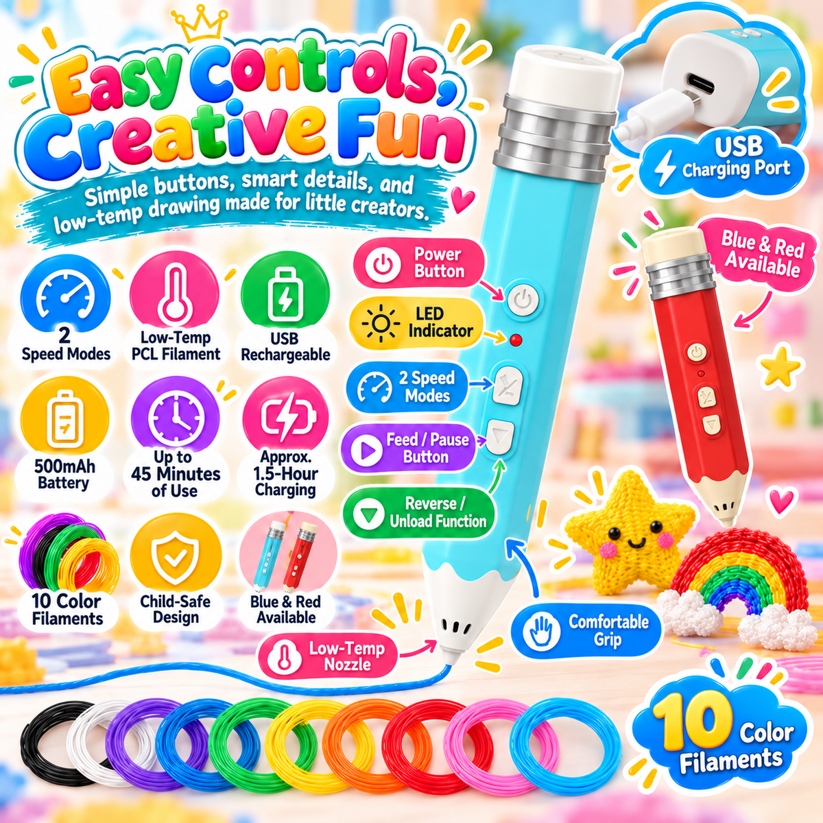 🎨 Kids Low-Temperature 3D Printing Pen Kit – Draw, Build & Create in 3D