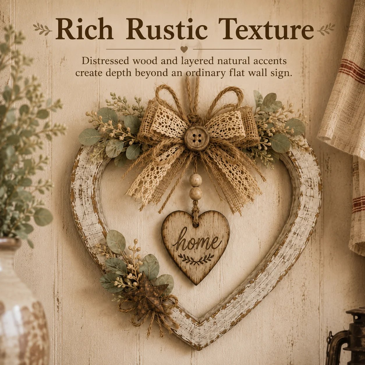 🤎Rustic Farmhouse Heart Wall Decor with “Home” Sign