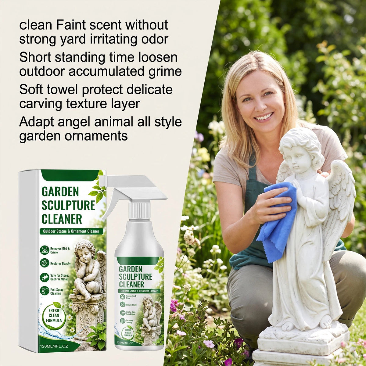 Garden Sculpture Ornament Cleaner✨ Outdoor Stone Resin Metal Decor Algae & Stain Remover Spray With Cleaning Cloth