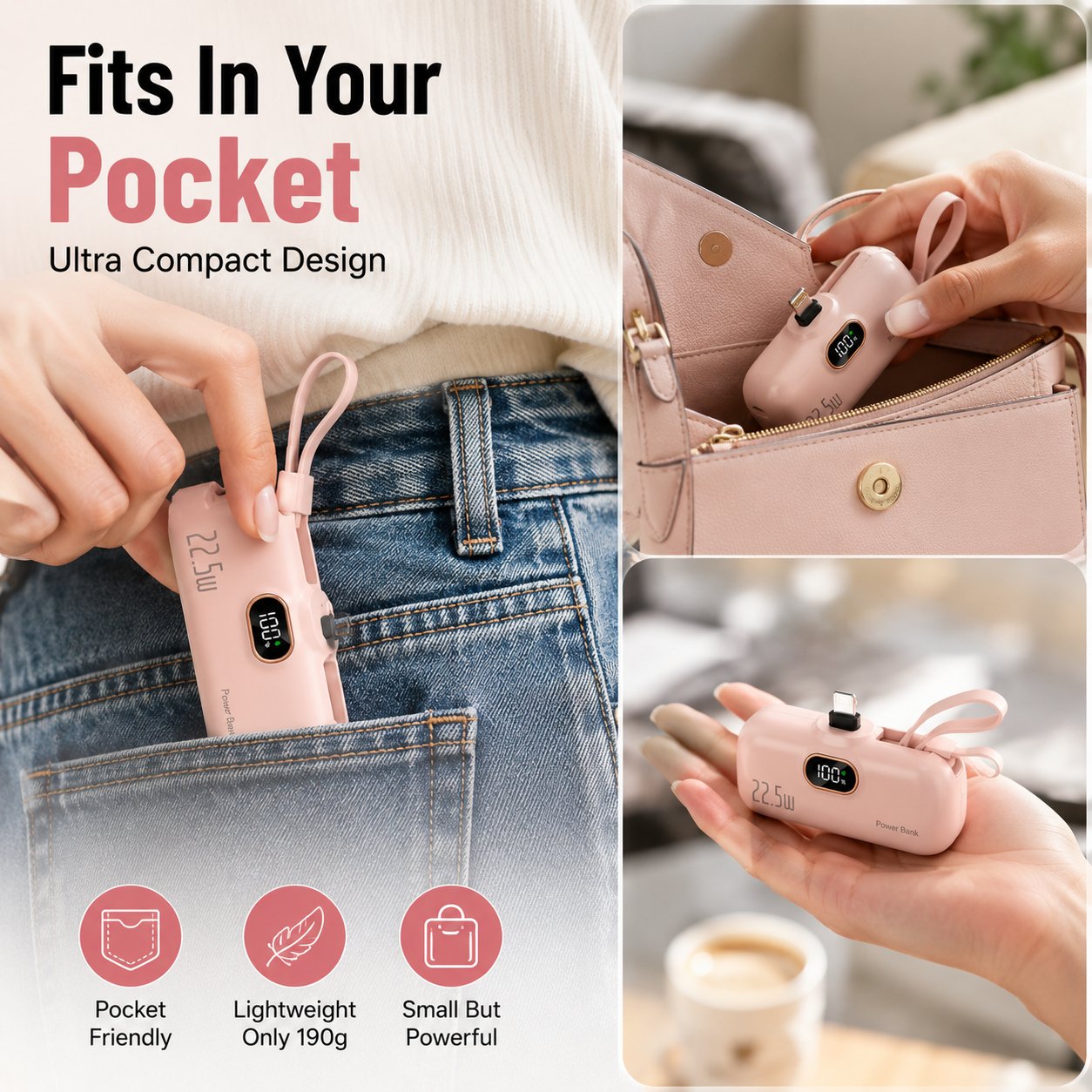 🔋⚡Pocket Power Bank With Built-In Cable - 22.5W Fast Charging