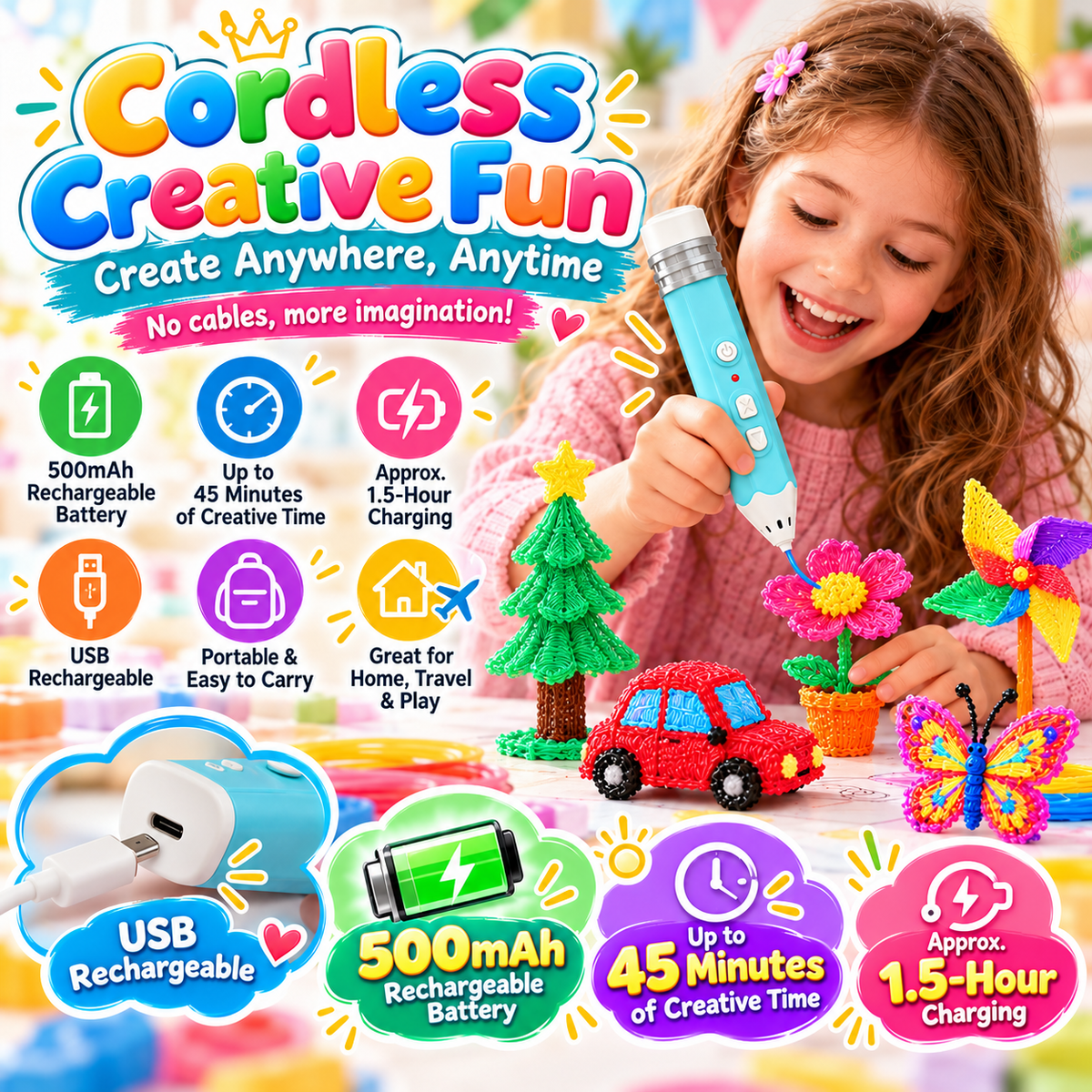 🎨 Kids Low-Temperature 3D Printing Pen Kit – Draw, Build & Create in 3D