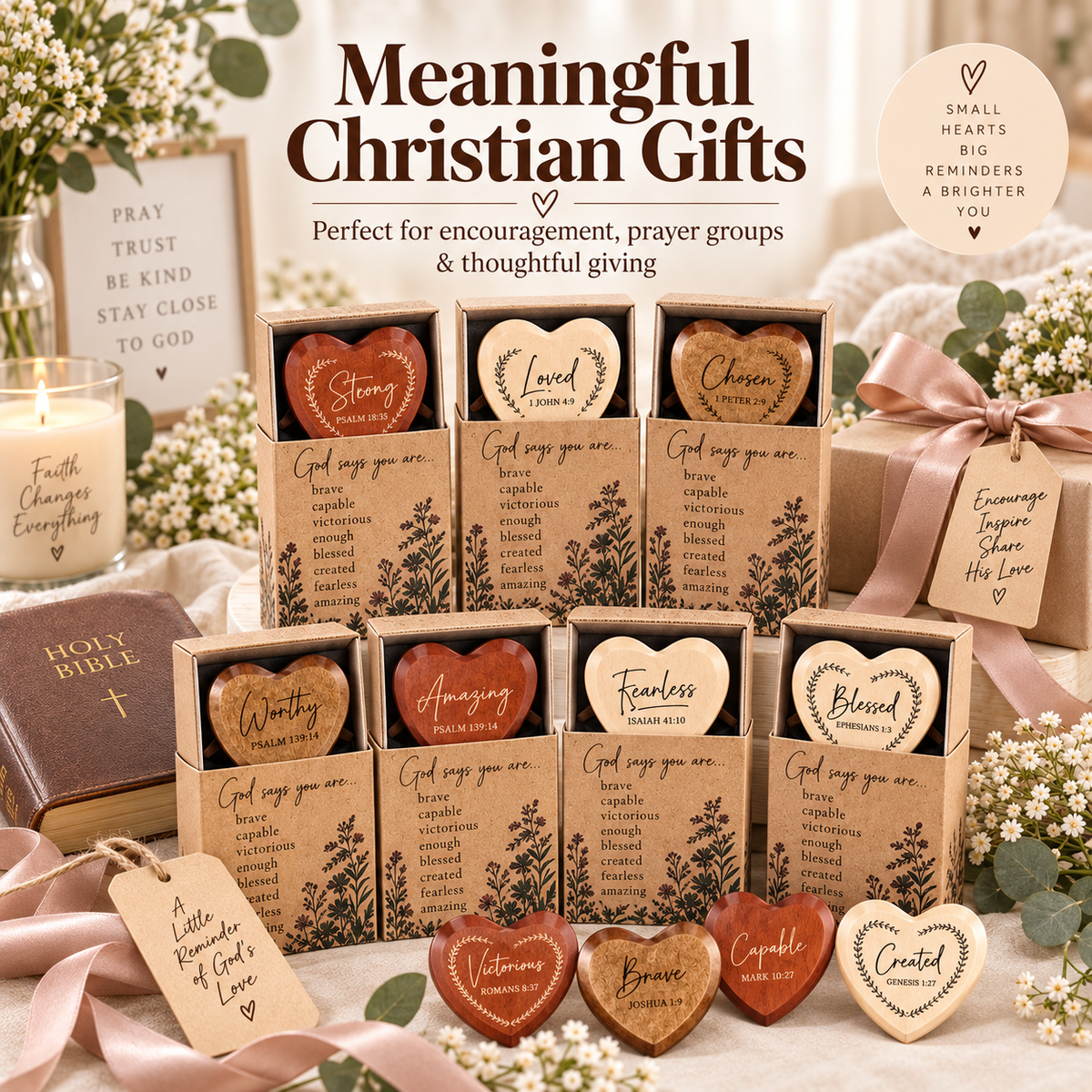 ✝️💛 God Says You Are – 24 Christian Wooden Heart Pocket Hug Gift Set