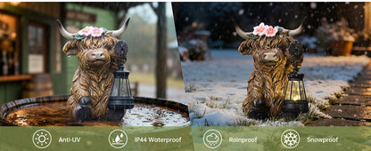 Scottish Fluffy Cow Solar Garden Lantern, Farmhouse Resin Sculpture with Amber LED, Weatherproof, Rustic Farm Decor Gift