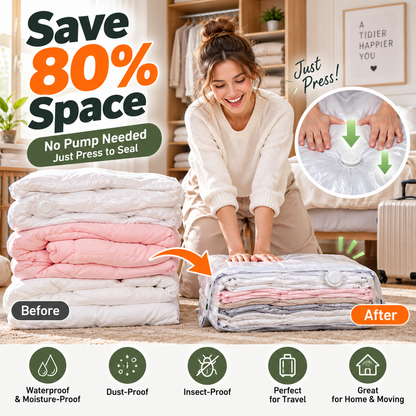⏳LAST DAY SALE ONLY !🏆🧳No‑Pump Vacuum Storage Bags – Press & seal, no pump needed. Saves 80% space, keeps clothes dry & dust‑free. Perfect for bulky bedding & off‑season gear. 🛏️🗄️