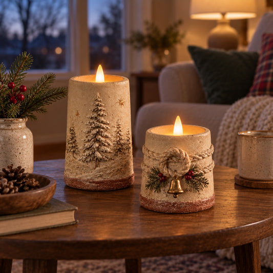 Rustic Christmas Flameless LED Candle Decor Set of 2