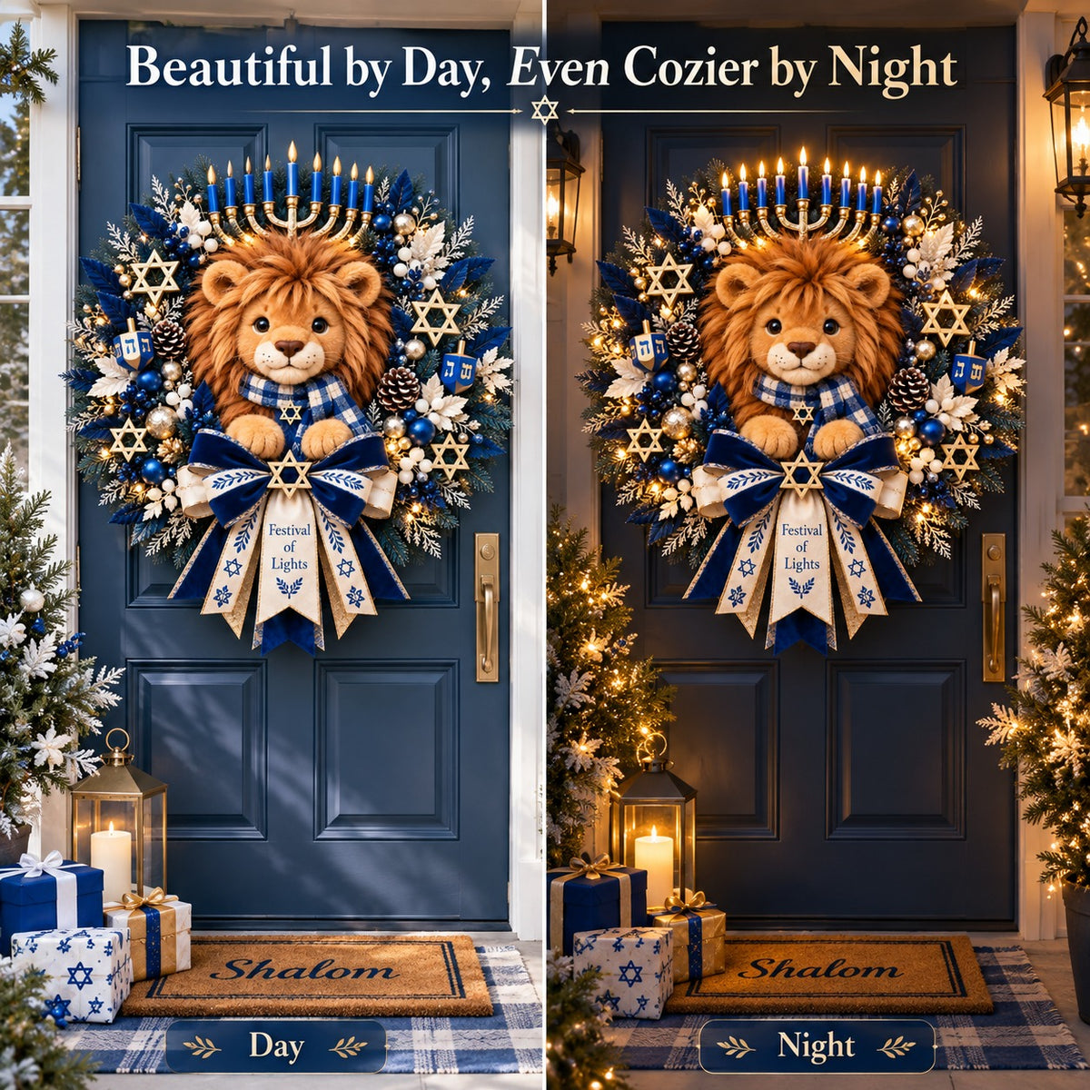 🦁 Lion of Judah Hanukkah Lighted Wreath – Warm Festival of Lights Door Décor ✨
