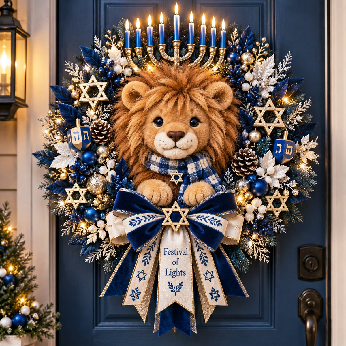🦁 Lion of Judah Hanukkah Lighted Wreath – Warm Festival of Lights Door Décor ✨