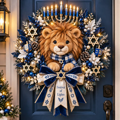 🦁 Lion of Judah Hanukkah Lighted Wreath – Warm Festival of Lights Door Décor ✨
