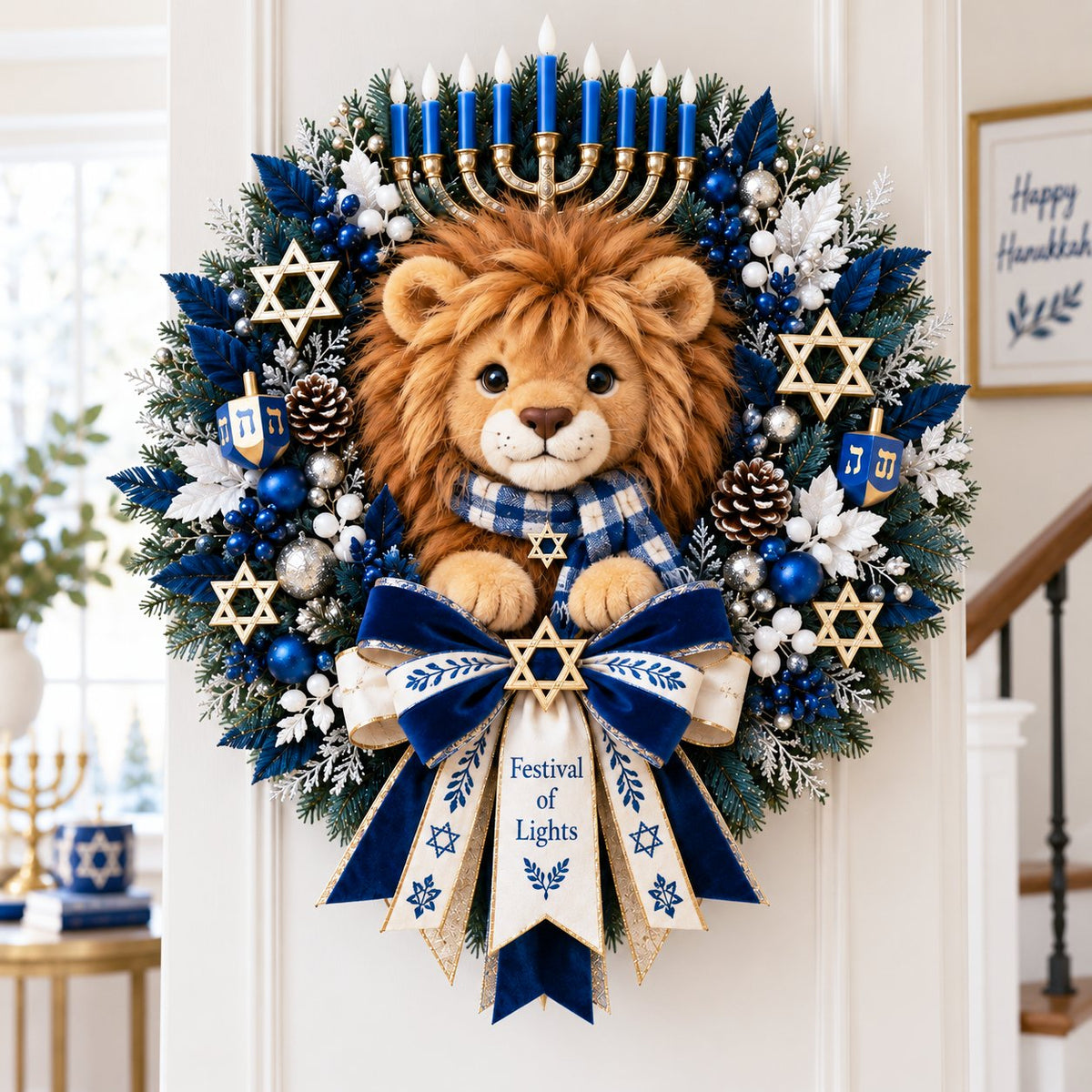 🦁 Lion of Judah Hanukkah Lighted Wreath – Warm Festival of Lights Door Décor ✨