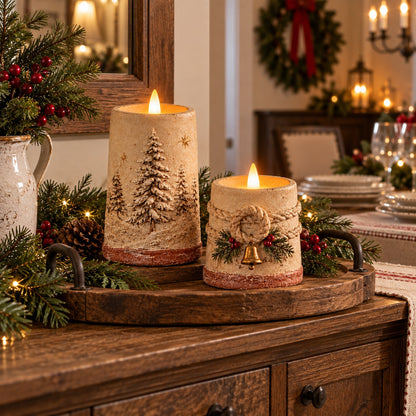Rustic Christmas Flameless LED Candle Decor Set of 2