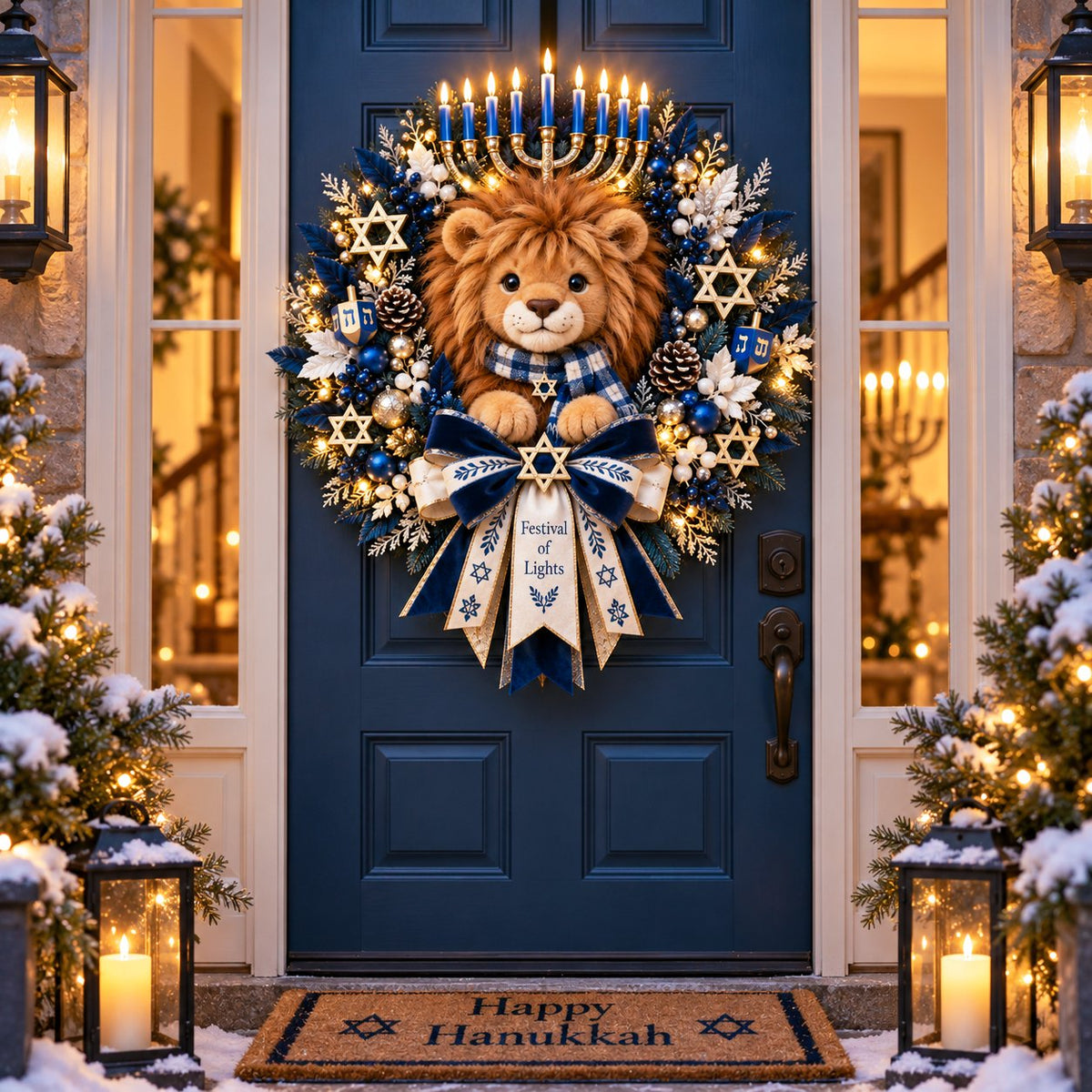 🦁 Lion of Judah Hanukkah Lighted Wreath – Warm Festival of Lights Door Décor ✨