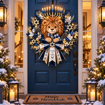 🦁 Lion of Judah Hanukkah Lighted Wreath – Warm Festival of Lights Door Décor ✨