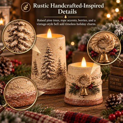 Rustic Christmas Flameless LED Candle Decor Set of 2
