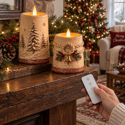 Rustic Christmas Flameless LED Candle Decor Set of 2