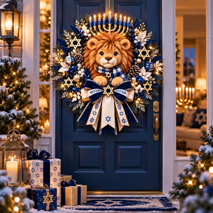 🦁 Lion of Judah Hanukkah Lighted Wreath – Warm Festival of Lights Door Décor ✨