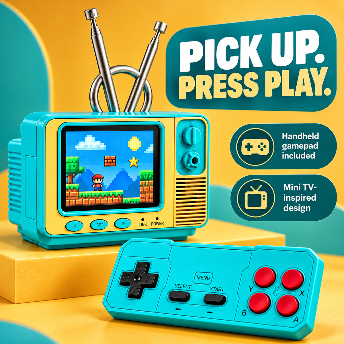 Retro mini TV game console — controller styled image
