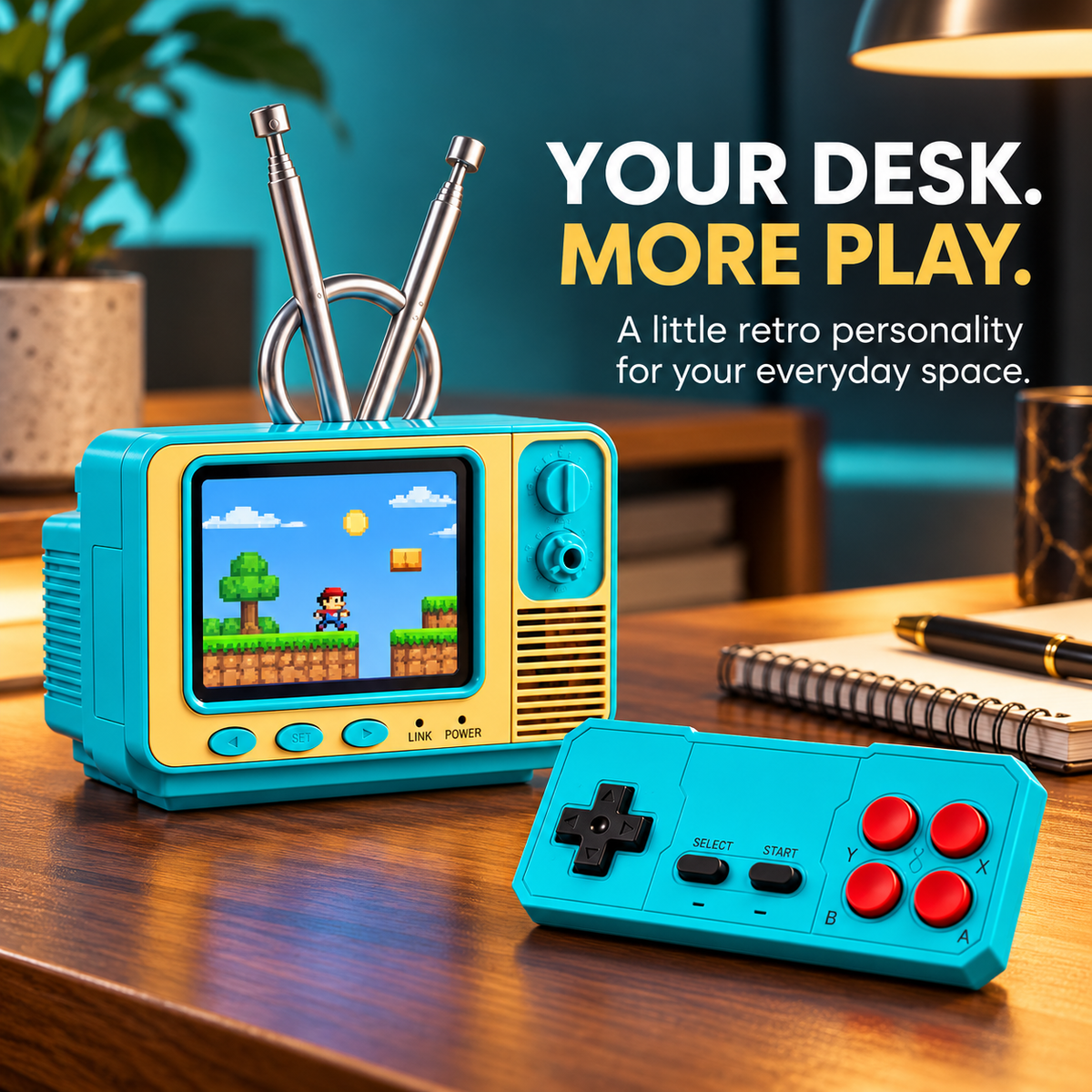 Retro mini TV game console — desk styled image