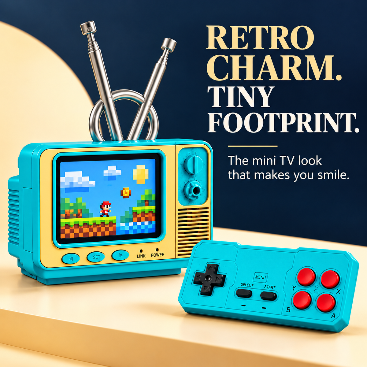 Retro mini TV game console — detail styled image