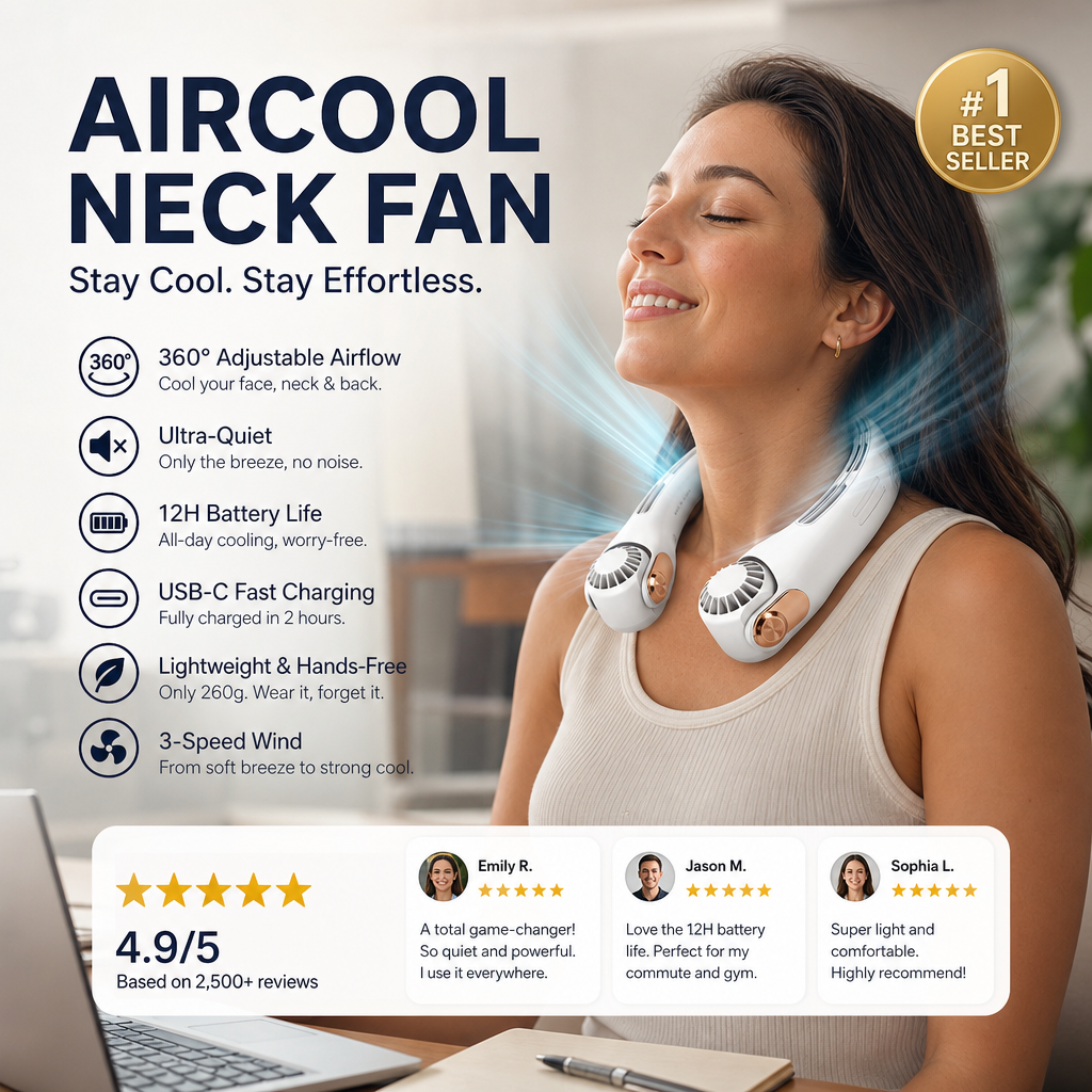 🍃 Neck Air Conditioner Fan – Ultra‑quiet, 360° rotating, 3 speeds. Hands‑free cooling, long battery. Summer essential!