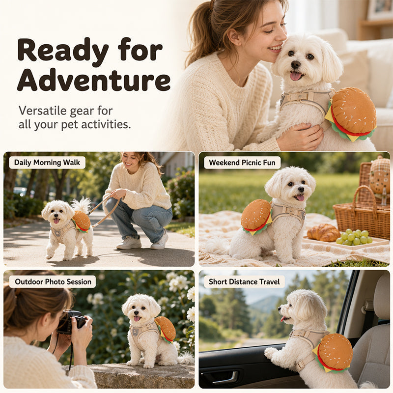 📢📢40% OFF !! ⏰Offer your furry friend a comfortable travel experience!🦮Cute Hamburger Pet Harness and Leash Set with Mini Backpack🍔🦮