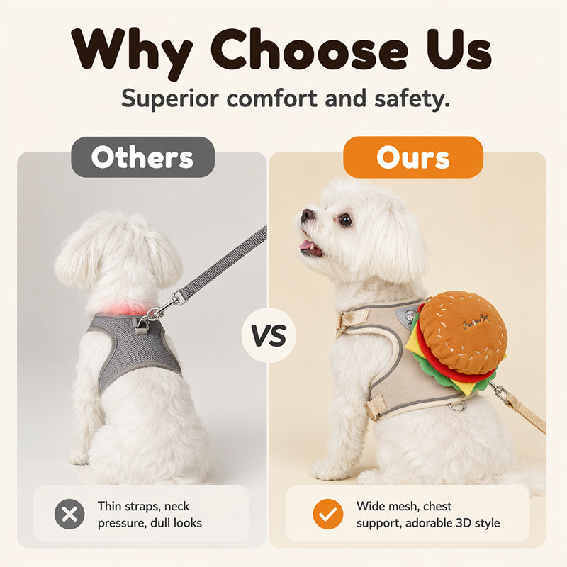 📢📢40% OFF !! ⏰Offer your furry friend a comfortable travel experience!🦮Cute Hamburger Pet Harness and Leash Set with Mini Backpack🍔🦮