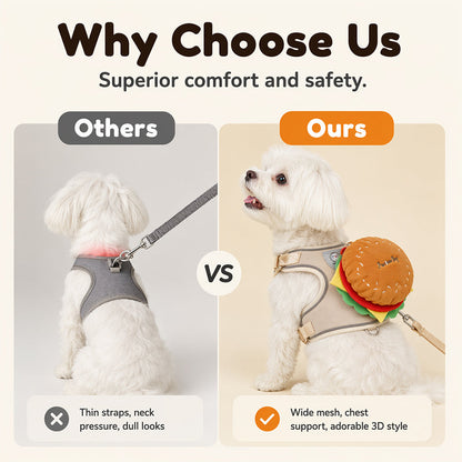 📢📢40% OFF !! ⏰Offer your furry friend a comfortable travel experience!🦮Cute Hamburger Pet Harness and Leash Set with Mini Backpack🍔🦮