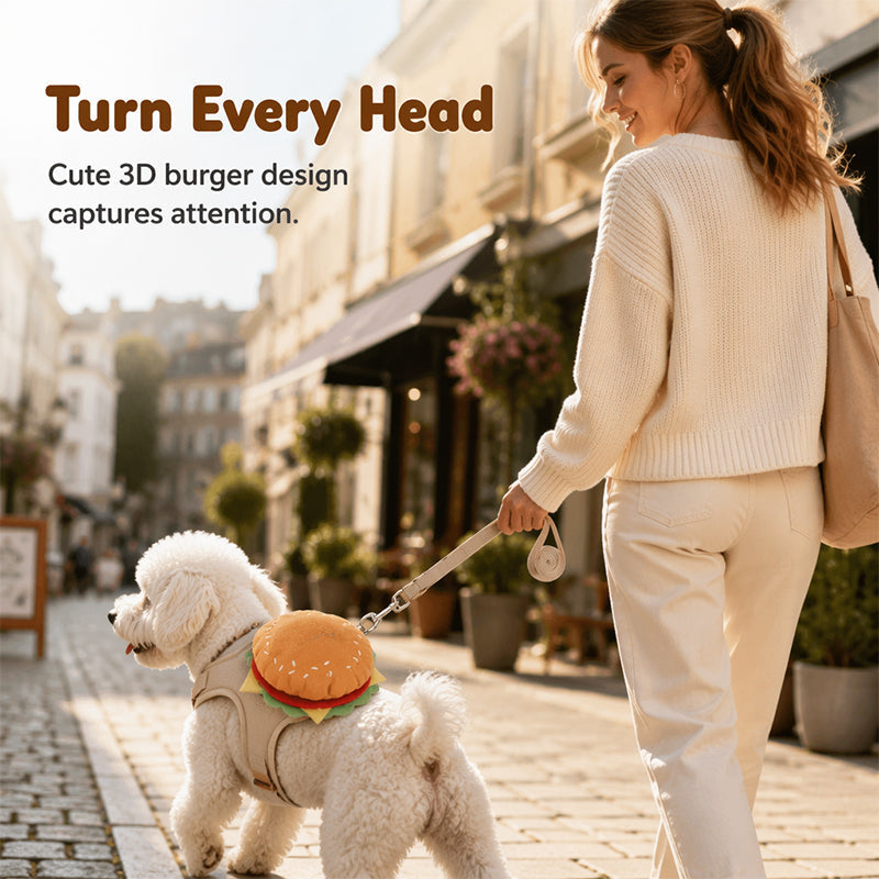 📢📢40% OFF !! ⏰Offer your furry friend a comfortable travel experience!🦮Cute Hamburger Pet Harness and Leash Set with Mini Backpack🍔🦮